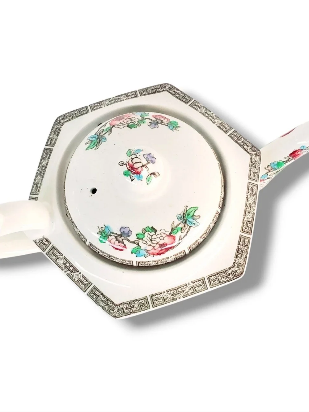 Vintage Floral Porcelain Teapot w/ Lid Asian Inspired English White Ceramic Gold